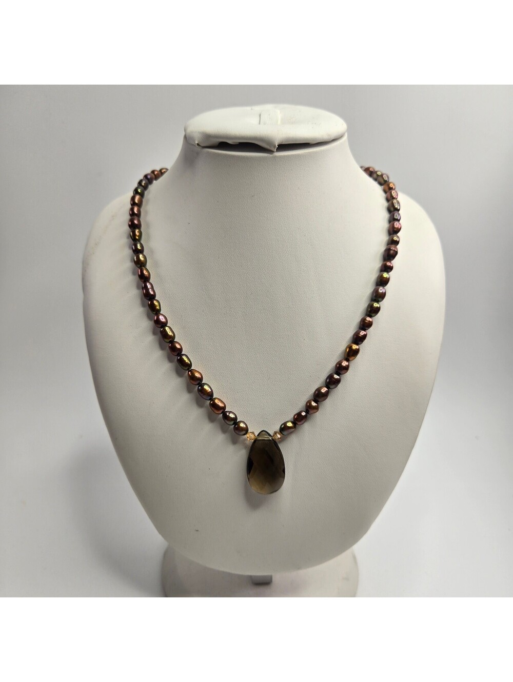 Vintage Peacock Freshwater Pearl Smoky Crystal Pendant Necklace Sterling 925